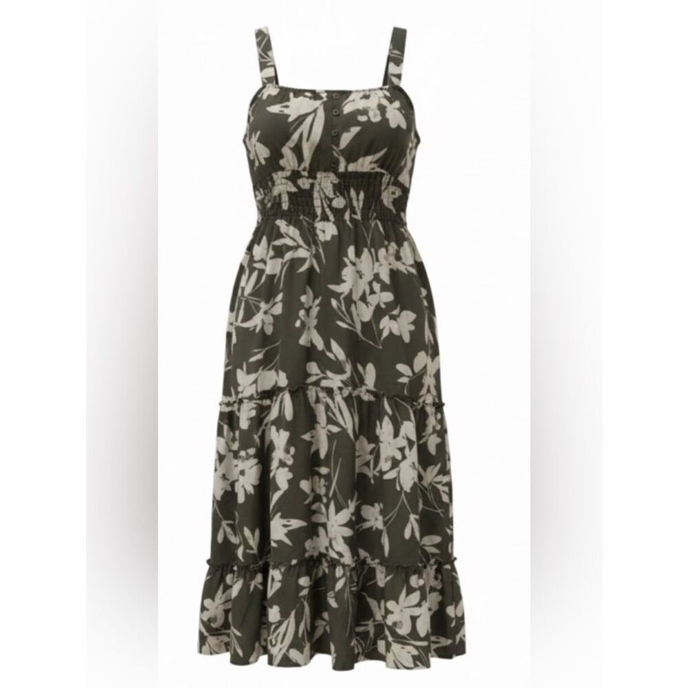Emma & Michele -Smocked Floral print Maxi Dress. Size: Large Color: Olive/White